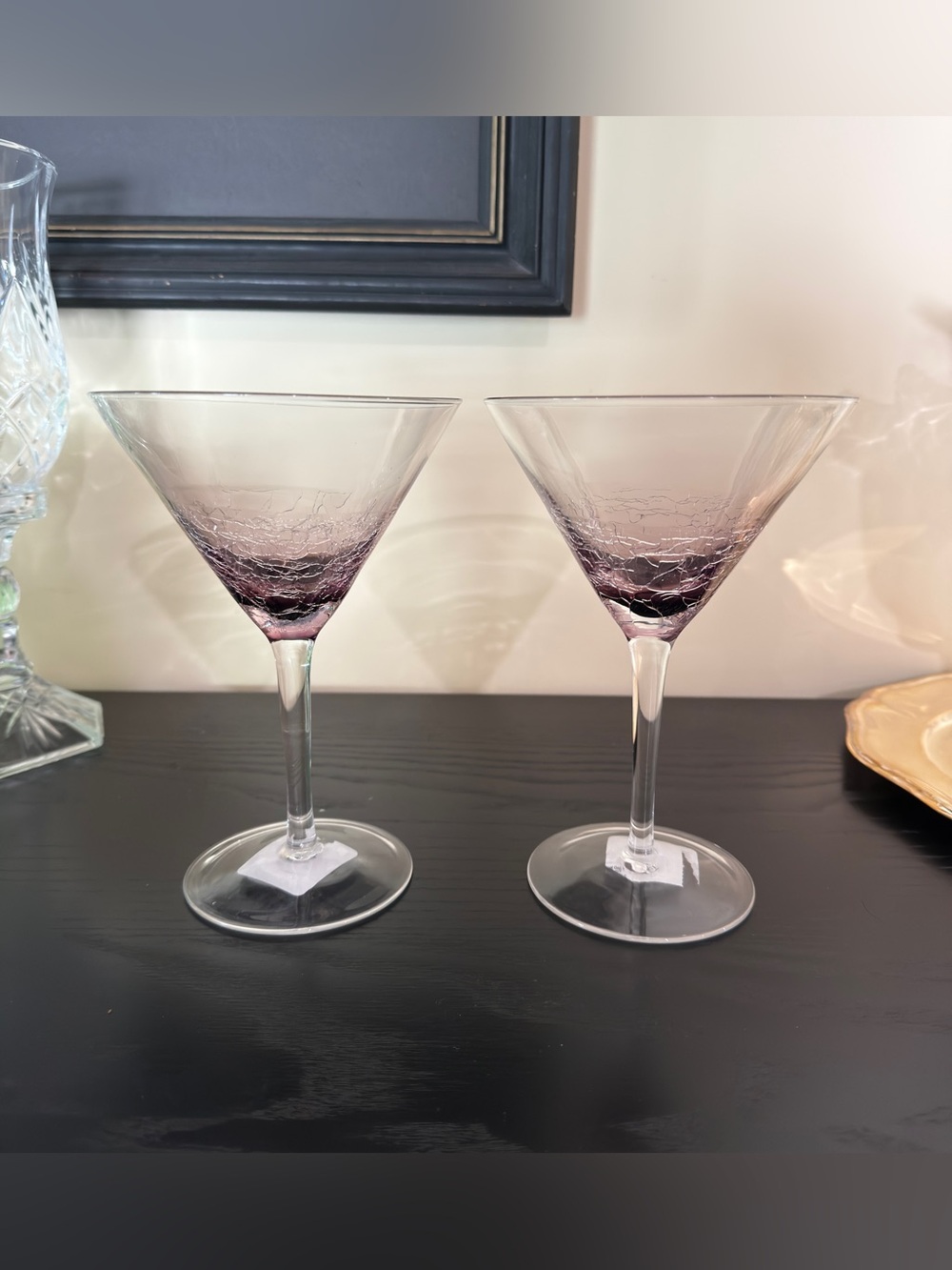 Set Of 2 - Pier 1 Crackle Purple Amethyst Martini Cosmo Cocktail Glasses